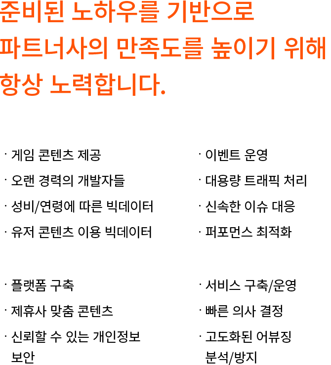 준비된 노하우를 기반으로 파트너사의 만족도를 높이기 위해 항상 노력합니다.